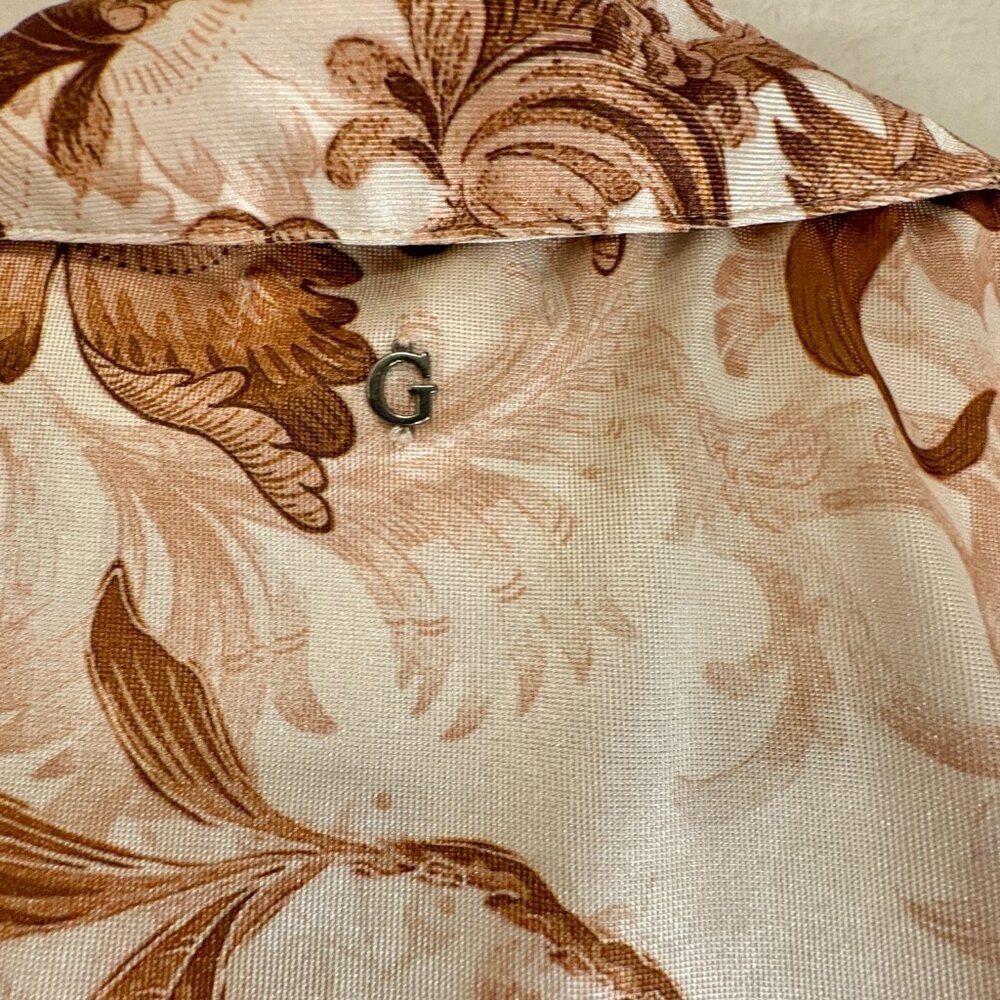 Guess Milana Floral Print Ruched Snap Front Top Brown Long Sleeve Shirt Small - Picture 7 of 8